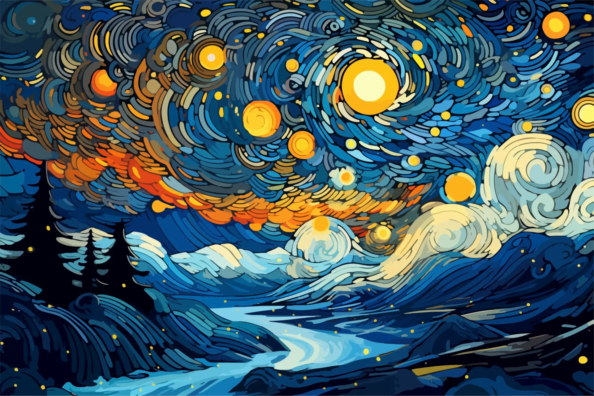 Abstract paining of a night time landscape with planets