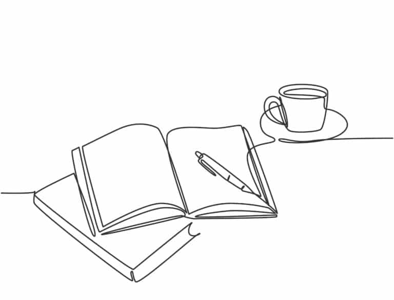 Illustration of a notebook and teacup.
